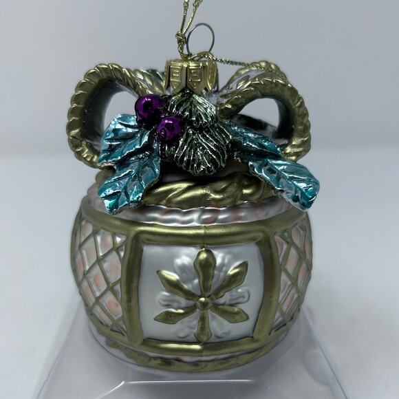 Fitz and Floyd Glass Ornament Snowy Woods Motif Gold Blue Purple Bow - Picture 1 of 10